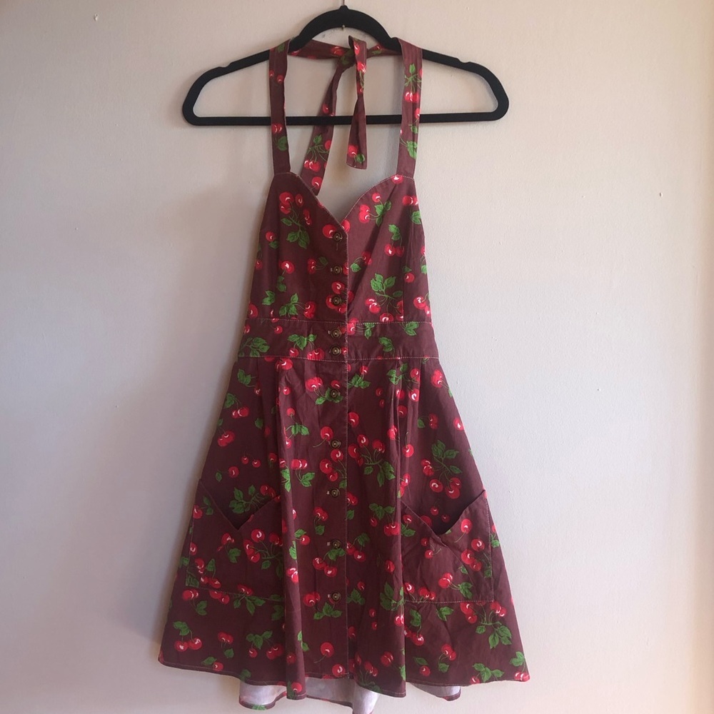 Field Day Cherry Print Halter Dress M Rare Cottagecore Reclaimed Cotton